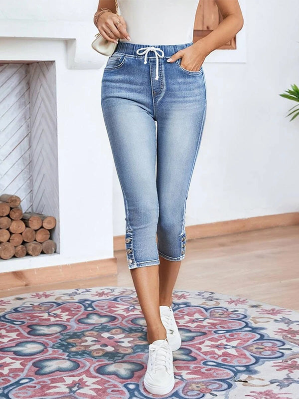 Hanna - Dragsko Elastisk midja Knapp Slits Stretch Denim Capri