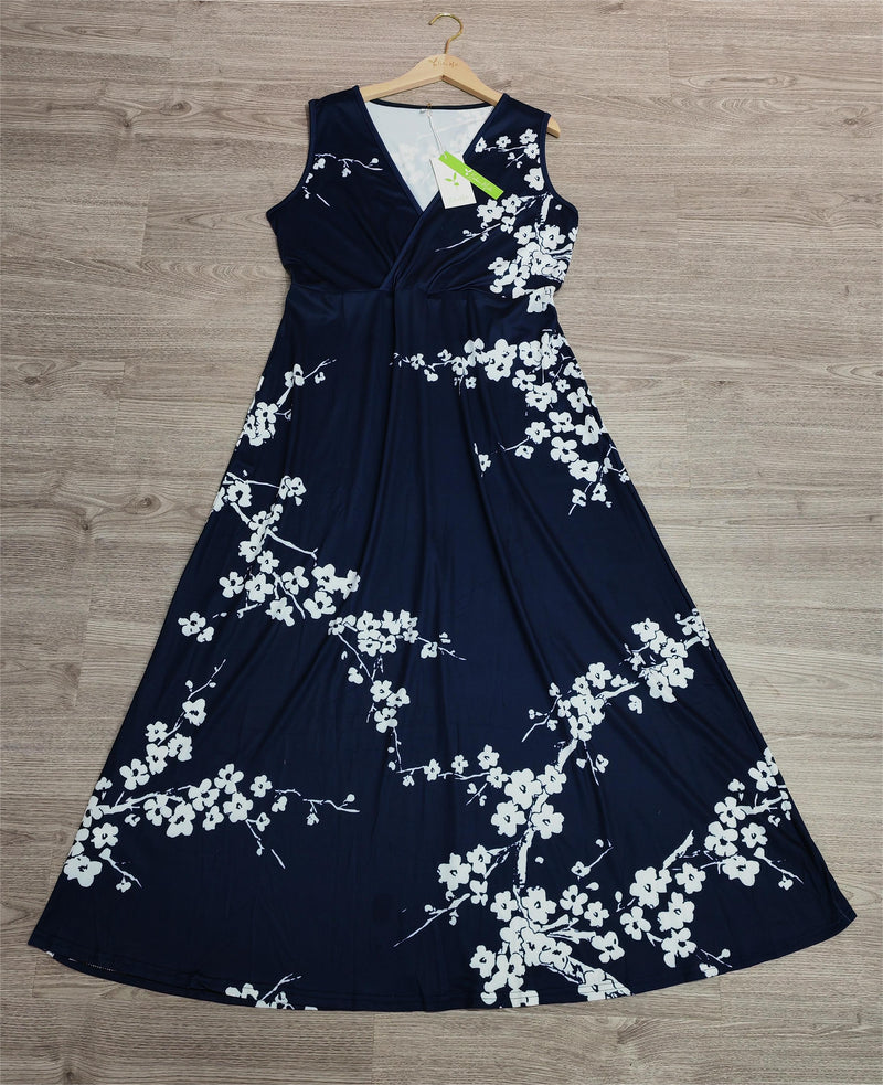 Thyra - Marinblå ärmlös maxiklänning med blommigt tryck