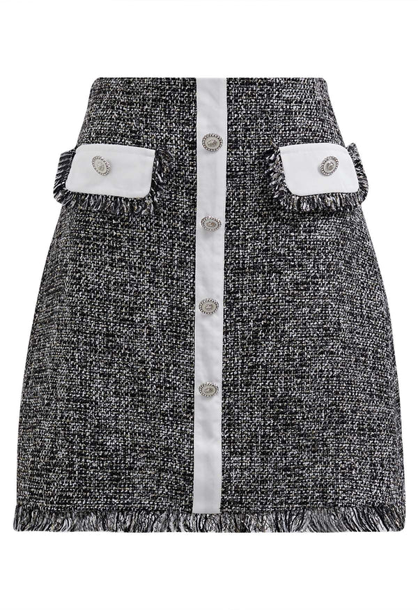 Kicki- Mini Bud-kjol i tweed med knappar och fransar