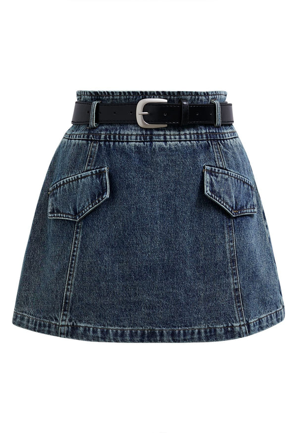 Gizela- Fake Flap Pockets Bältesbyxor i Denim, Blå