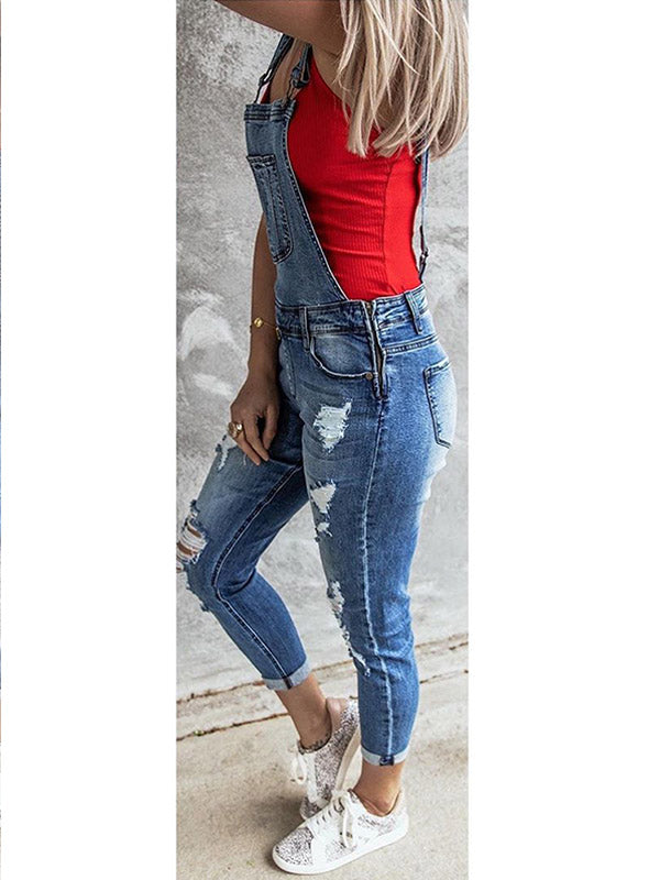 Stella - Damer Skinny Vintage-inspirerade Distressed denim hängselbyxor